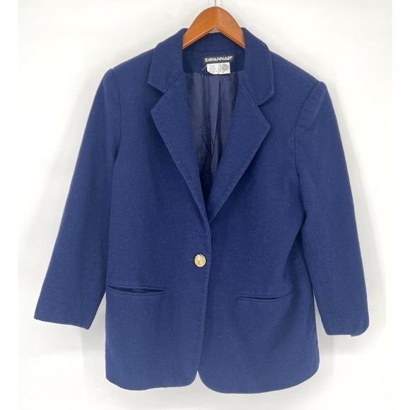 Savannah Jackets & Blazers - Vintage Women's Savannah Woold Blazer Dark Blue Wool One Gold Button Size 12P